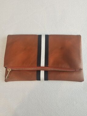 Funky Monkey Cognac Foldover Clutch with Black/White Stripe